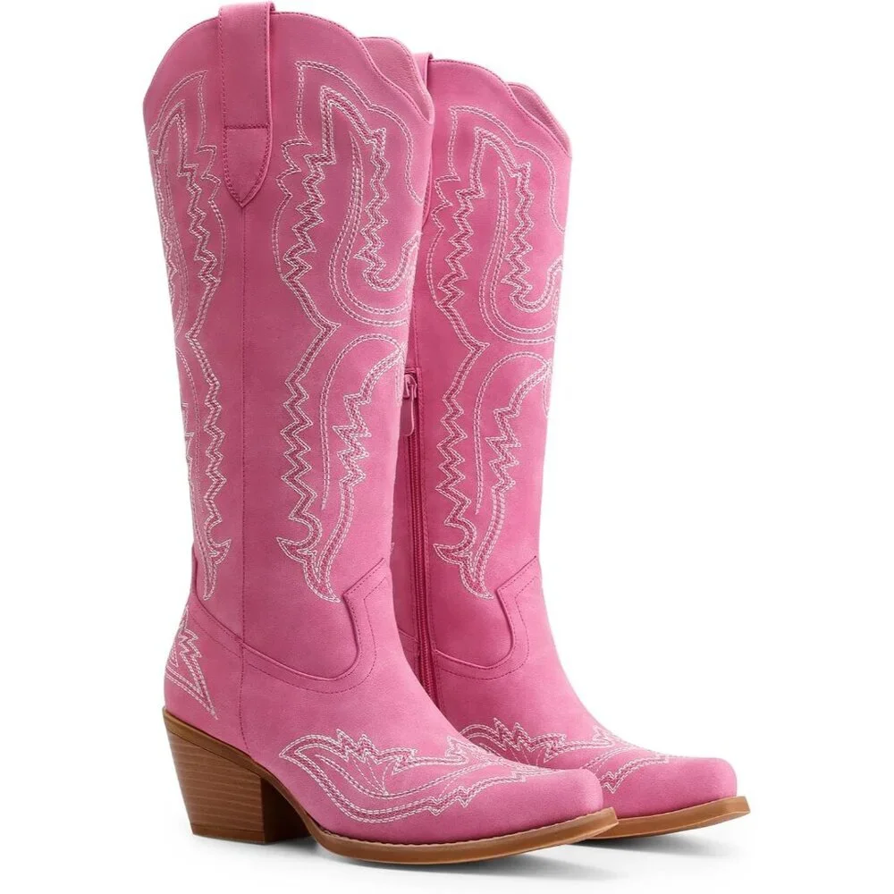 Women's Hot Pink Square Toe Comfortable Side Zipper Tall Cowboy Knee High Boots